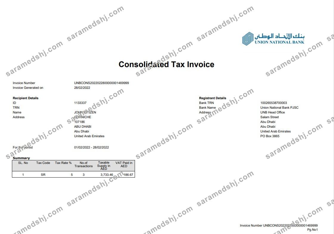 UAE Abu Dhabi Union National bank statement 2 pages